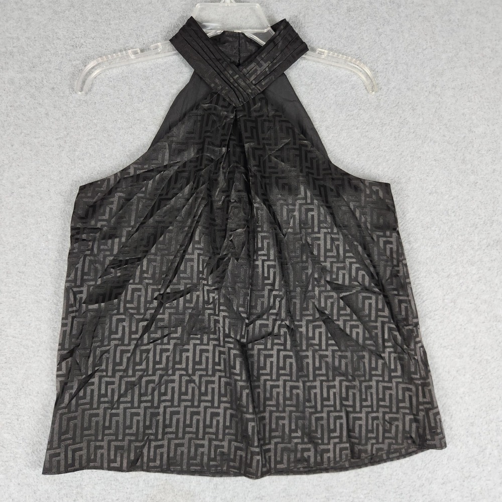 Express Halter Top Womens Small Black Geometric Greek‎ Key Pleated Sleeveless